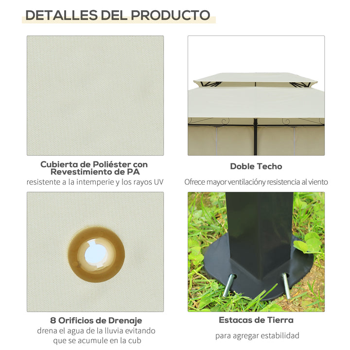 Pérgola de Jardim com Estrutura de Aço Teto Duplo 6 Cortinas Laterais 8 Orifícios de Drenagem 300x400x280 cm Creme