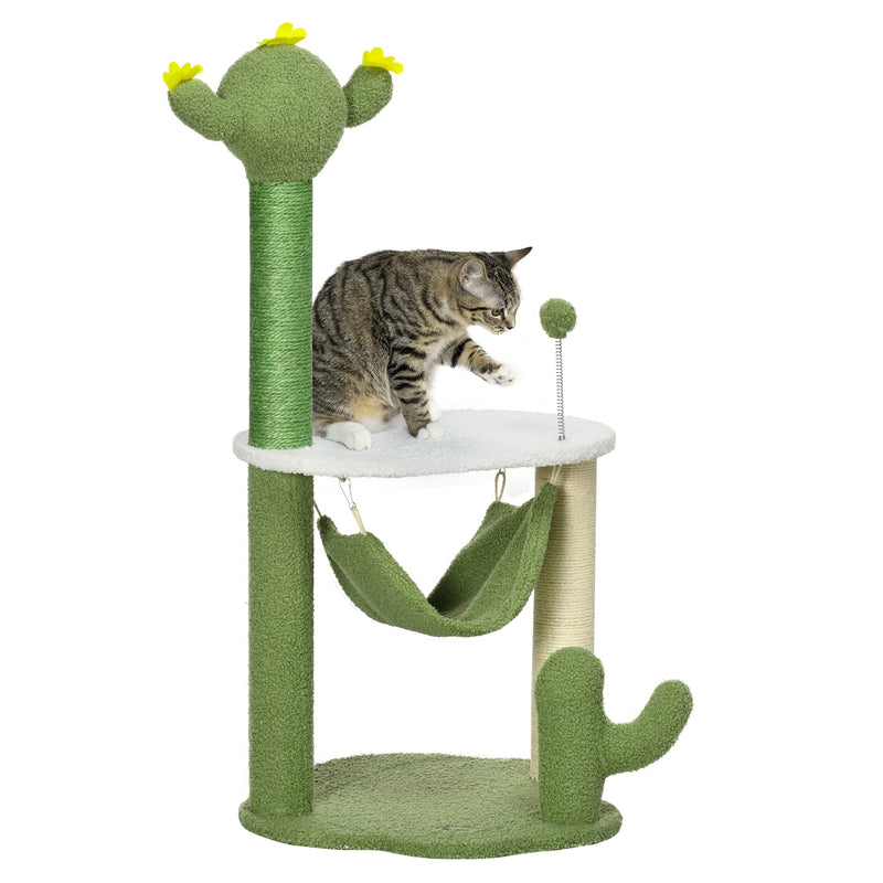 Árvore Arranhador para Gatos com Forma de Cacto Altura 90cm Torre para Gatos com Rede Plataforma Postes de Sisal e Bola Divertida 45x45x90cm Verde