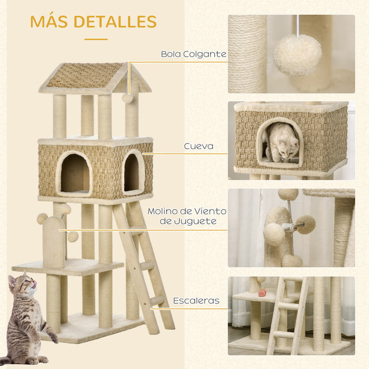 Árvore Arranhadora para Gatos Grande Altura 131cm com Caverna Postes de Sisal Natural Plataformas Bola Suspensa e Moinho de Vento de Brinquedo 69x40x131cm Bege