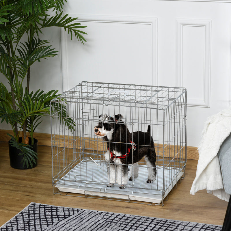 Gaiola Dobrável para Cães Gaiola Metálica 61x43x50cm Gaiola de Metal para Cães com Bandeja Amovível com Travão Prata e Branco