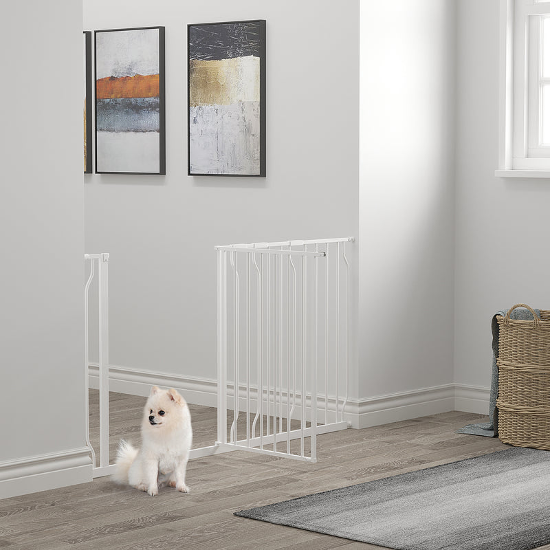 Barreira de Segurança para Cães Extensível para Escadas e Portas 75-145cm com 3 Extensões e 10 cm 20cm e 30cm Montagem a Pressão Aço Altura 76cm Branco