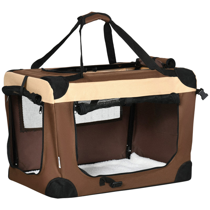 Transportadora para Cães e Gatos Bolsa de Transporte Animais de Estimação Dobrável com Almofada Suave e 2 Correias de Ombro para Carro Avião Viajem 60x41x41cm Marrom