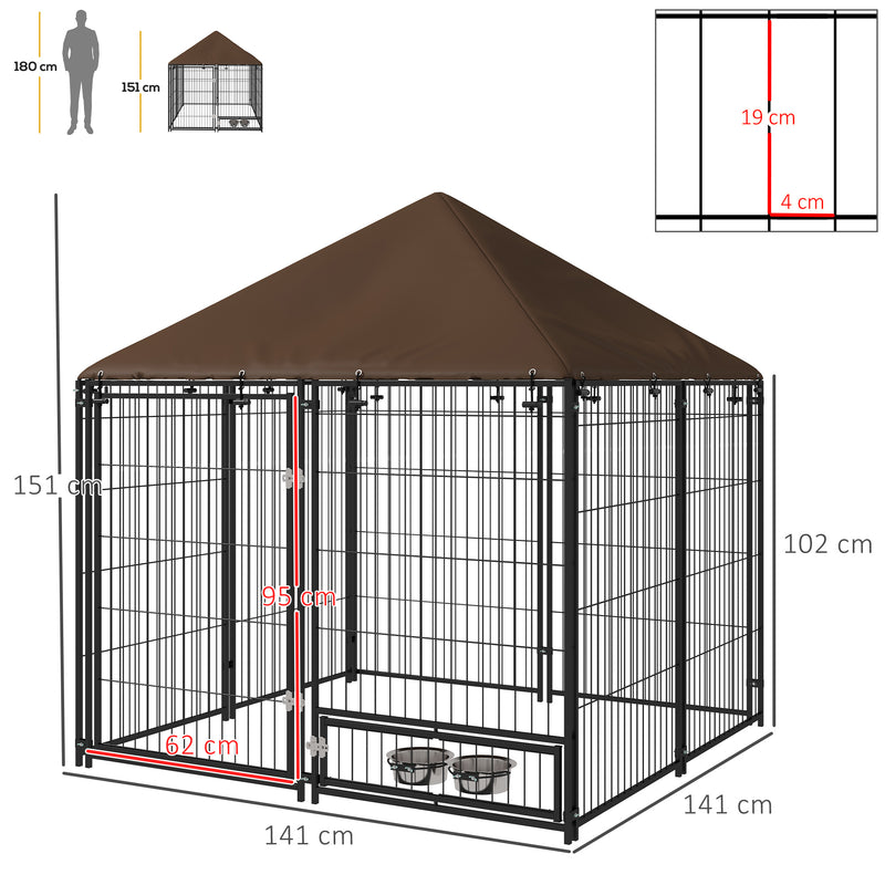 Parque para Cães com Toldo Canil para Exterior com Suporte Giratório para Comida 2 Tigelas Incluídas 141x141x151 cm Preto Marrom