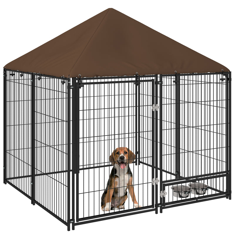 Parque para Cães com Toldo Canil para Exterior com Suporte Giratório para Comida 2 Tigelas Incluídas 141x141x151 cm Preto Marrom