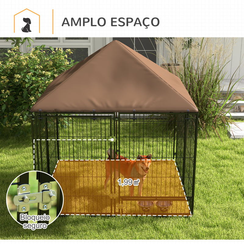 Parque para Cães com Toldo Canil para Exterior com Suporte Giratório para Comida 2 Tigelas Incluídas 141x141x151 cm Preto Marrom