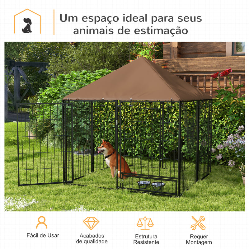 Parque para Cães com Toldo Canil para Exterior com Suporte Giratório para Comida 2 Tigelas Incluídas 141x141x151 cm Preto Marrom