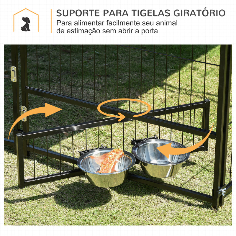 Parque para Cães com Toldo Canil para Exterior com Suporte Giratório para Comida 2 Tigelas Incluídas 141x141x151 cm Preto Marrom