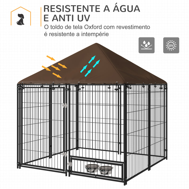 Parque para Cães com Toldo Canil para Exterior com Suporte Giratório para Comida 2 Tigelas Incluídas 141x141x151 cm Preto Marrom