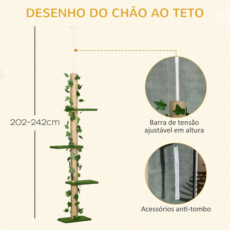 Árvore para Gatos do Chão ao Teto 37x21x202-242 cm Torre Arranhador para Gatos com Altura Ajustável 4 Plataformas de Relva Artificial Folhas Artificiais e Poste de Juta Verde