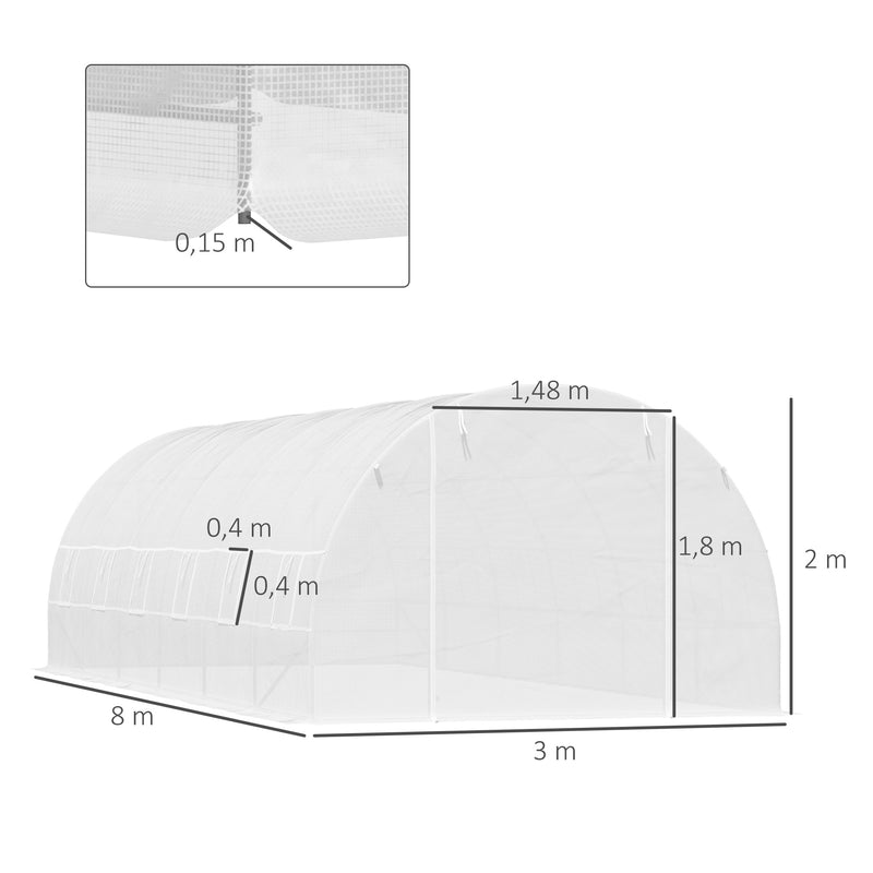 Estufa de jardim Tipo túnel para cultivo com 12 janelas e porta de enrolar Aço e PE 800x300x200 cm Branco