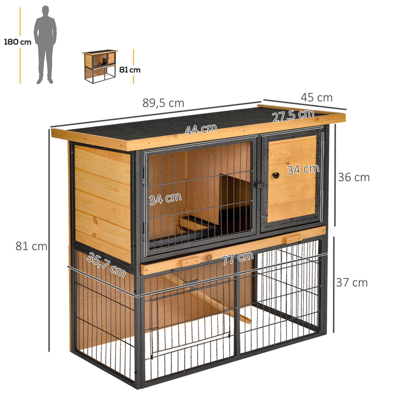 Coelheira de Exterior de Madeira para Animais Pequenos 2 Níveis com Rampa Bandeja Removível Portas com Fechaduras 89,5x45x81 cm Madeira e Cinza