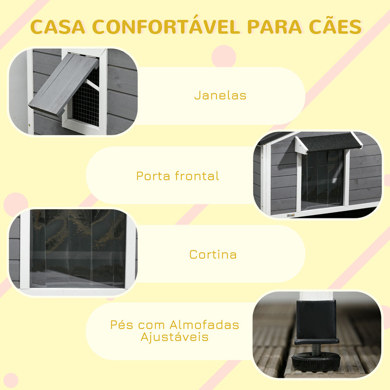 Casa para Cães de Madeira 97x72x65 cm Casa para Animais de Estimação com Teto Asfáltico 2 Janelas Porta com Cortina e Base Amovível Cinza