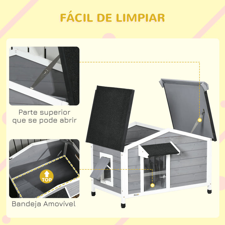 Casa para Cães de Madeira 97x72x65 cm Casa para Animais de Estimação com Teto Asfáltico 2 Janelas Porta com Cortina e Base Amovível Cinza