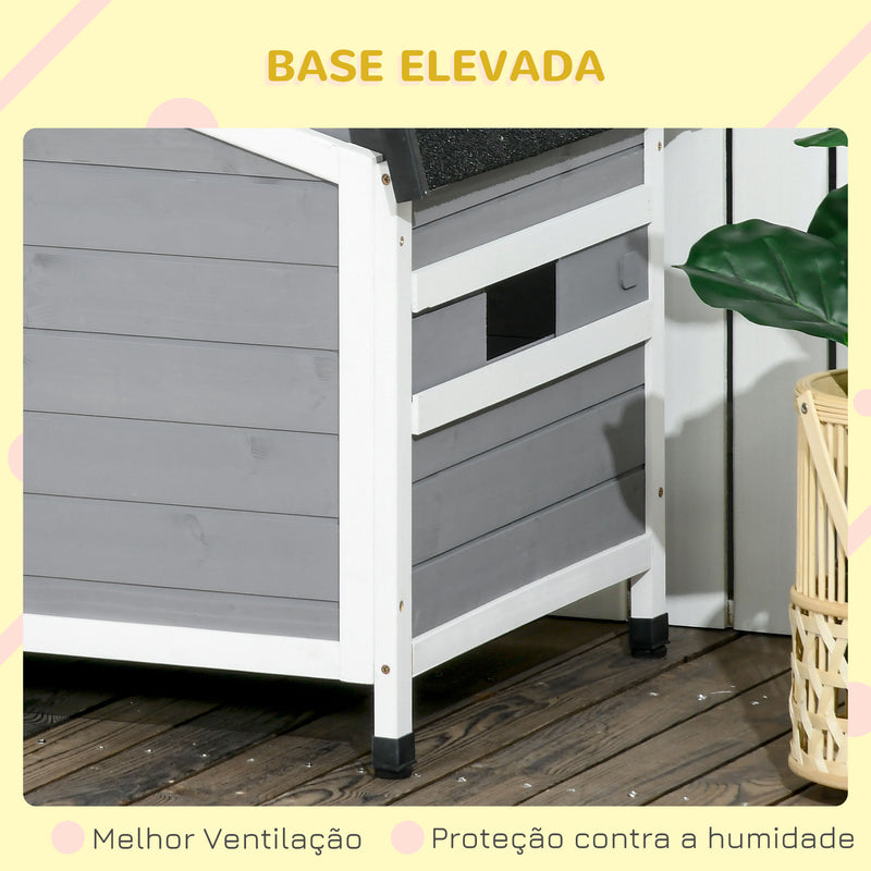 Casa para Cães de Madeira 97x72x65 cm Casa para Animais de Estimação com Teto Asfáltico 2 Janelas Porta com Cortina e Base Amovível Cinza