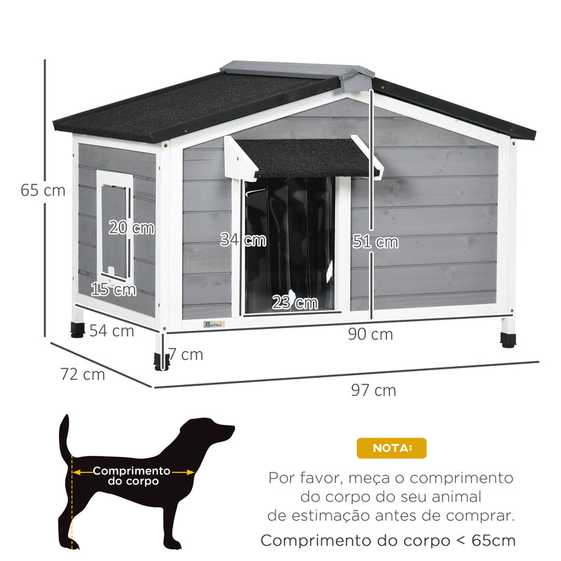 Casa para Cães de Madeira 97x72x65 cm Casa para Animais de Estimação com Teto Asfáltico 2 Janelas Porta com Cortina e Base Amovível Cinza