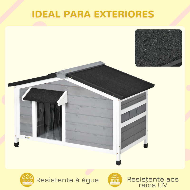 Casa para Cães de Madeira 97x72x65 cm Casa para Animais de Estimação com Teto Asfáltico 2 Janelas Porta com Cortina e Base Amovível Cinza