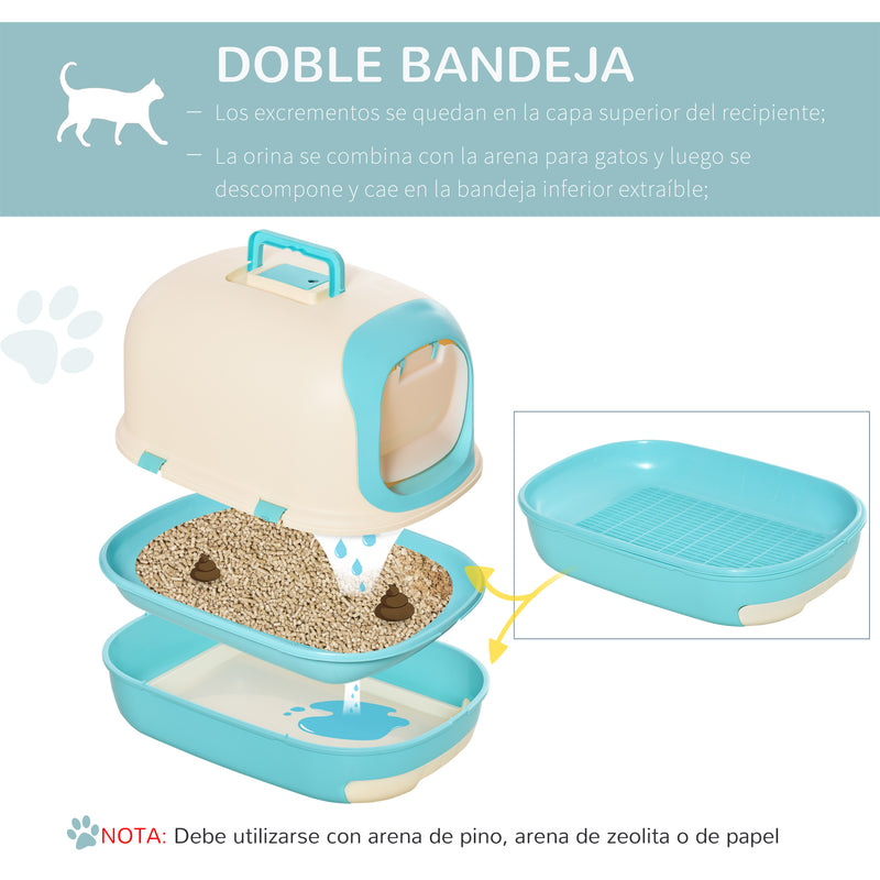 Caixa de Areia para Gatos com Alça de Transporte Duplo Fundo Bandeja Removível Pá e Filtro de Carvão Ativo 63x43x43cm Bege e Verde