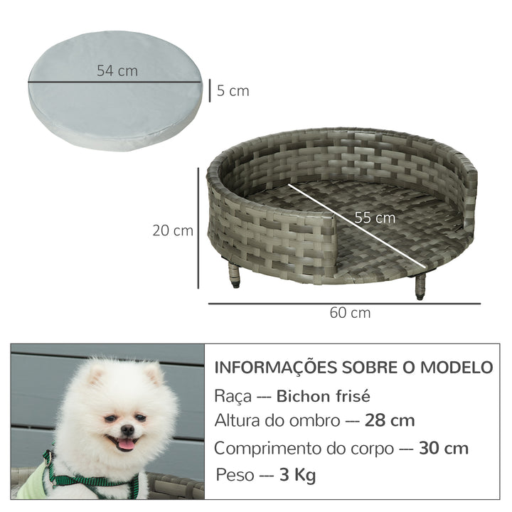 Sofá Cama para Cães e Gatos de Vime PE Cama Elevada Redonda para Animais de Estimação com Almofada Suave Lavável para Interior e Exterior 60x60x20cm Cinza