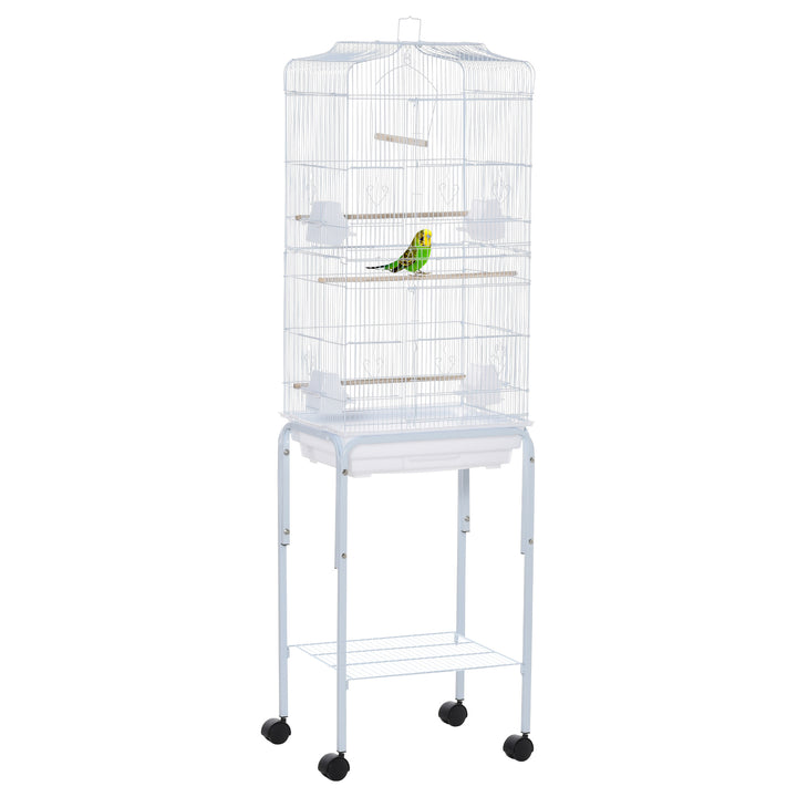 Gaiola para Passáros com Suporte Gaiola Metálica de Aves Canários com 4 Rodas Portas 4 Comedouros 3 Poleiros Bandeja Removível e Prateleira Inferior 46,5x36x157cm Branco