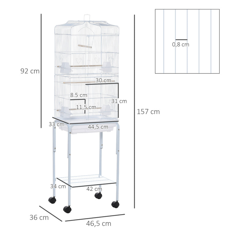 Gaiola para Passáros com Suporte Gaiola Metálica de Aves Canários com 4 Rodas Portas 4 Comedouros 3 Poleiros Bandeja Removível e Prateleira Inferior 46,5x36x157cm Branco