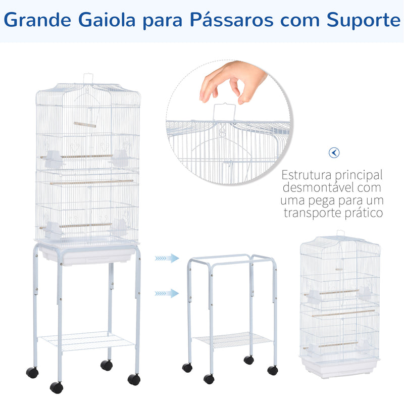 Gaiola para Passáros com Suporte Gaiola Metálica de Aves Canários com 4 Rodas Portas 4 Comedouros 3 Poleiros Bandeja Removível e Prateleira Inferior 46,5x36x157cm Branco