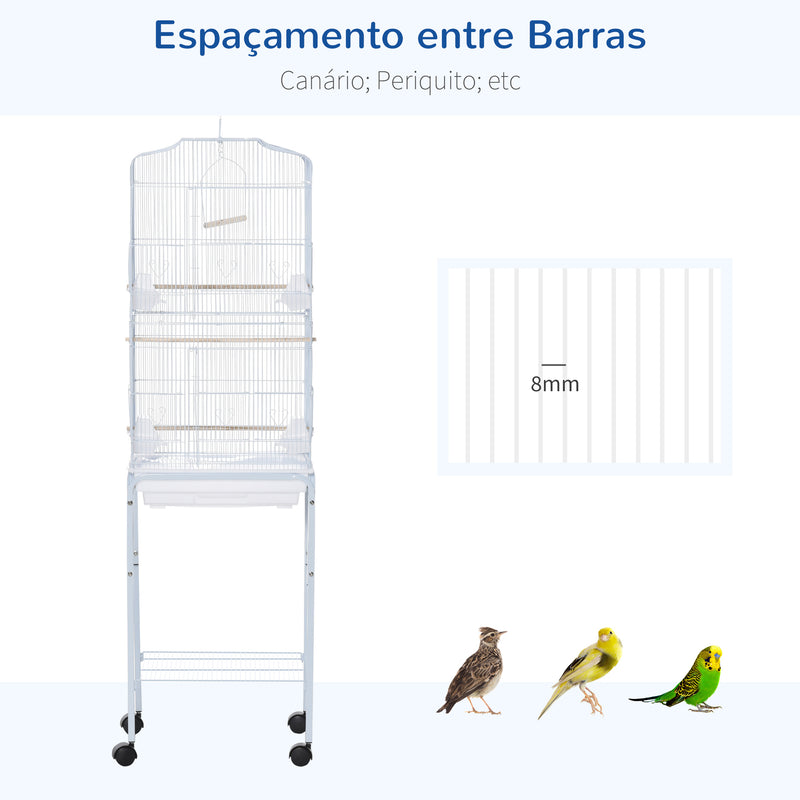 Gaiola para Passáros com Suporte Gaiola Metálica de Aves Canários com 4 Rodas Portas 4 Comedouros 3 Poleiros Bandeja Removível e Prateleira Inferior 46,5x36x157cm Branco