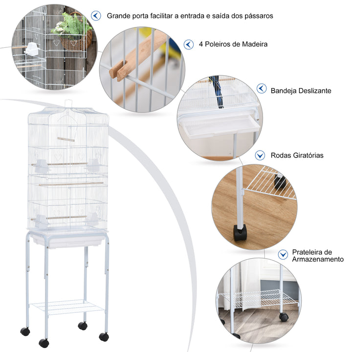 Gaiola para Passáros com Suporte Gaiola Metálica de Aves Canários com 4 Rodas Portas 4 Comedouros 3 Poleiros Bandeja Removível e Prateleira Inferior 46,5x36x157cm Branco