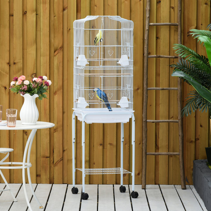Gaiola para Passáros com Suporte Gaiola Metálica de Aves Canários com 4 Rodas Portas 4 Comedouros 3 Poleiros Bandeja Removível e Prateleira Inferior 46,5x36x157cm Branco