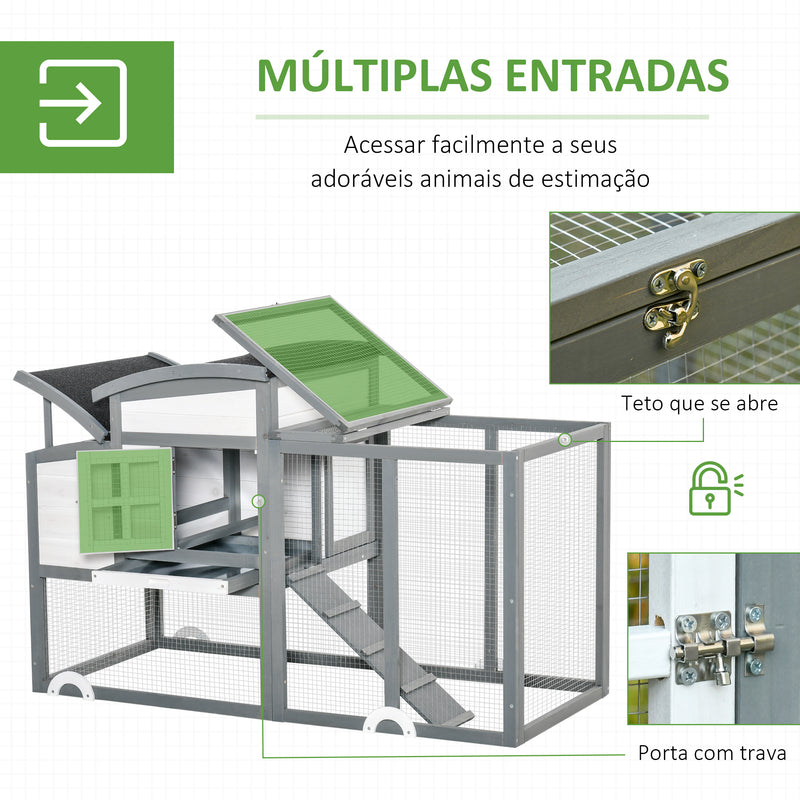 Galinheiro de Madeira para Exterior Gaiola para 1-2 Galinhas com Caixa Ninho Cercado de Arame Teto Asfáltico Bandeja Removível e Rampa 140x67x88,5cm Cinza