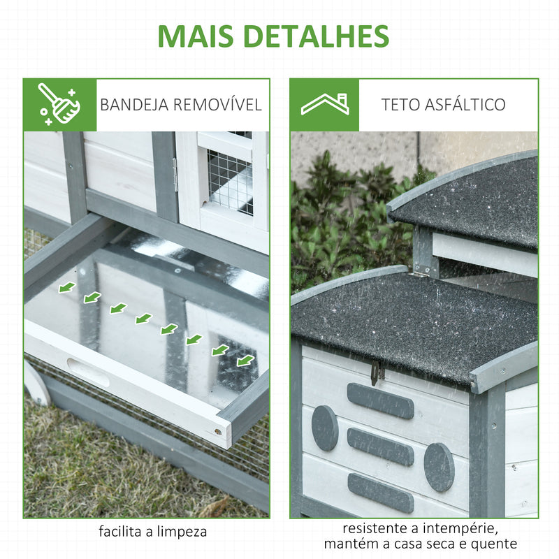 Galinheiro de Madeira para Exterior Gaiola para 1-2 Galinhas com Caixa Ninho Cercado de Arame Teto Asfáltico Bandeja Removível e Rampa 140x67x88,5cm Cinza