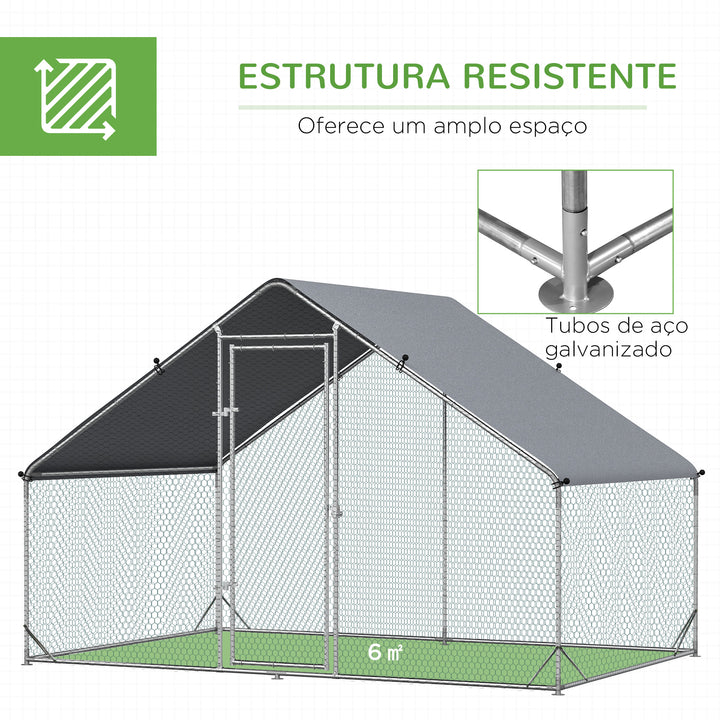 Galinheiro de Exterior Grande 3x2x2m Gaiola para 4-6 Galinhas de Aço Galvanizado com Teto de PE e Fechadura para Coelhos Prata