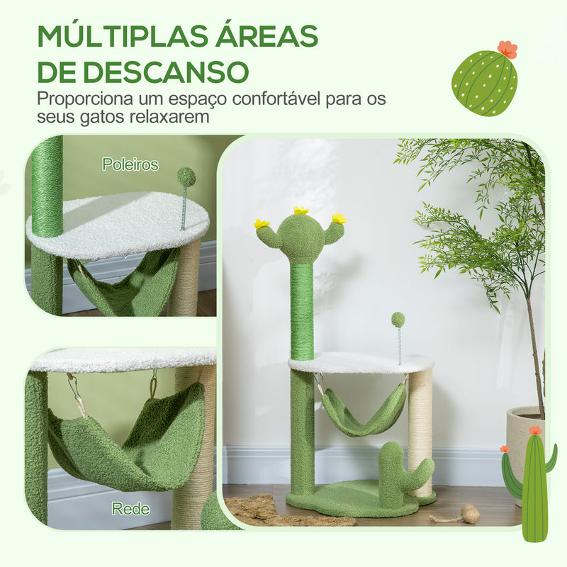 Árvore Arranhador para Gatos com Forma de Cacto Altura 90cm Torre para Gatos com Rede Plataforma Postes de Sisal e Bola Divertida 45x45x90cm Verde