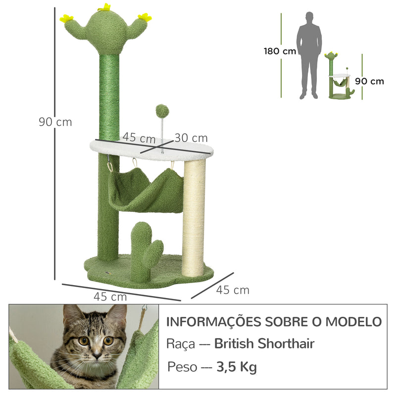 Árvore Arranhador para Gatos com Forma de Cacto Altura 90cm Torre para Gatos com Rede Plataforma Postes de Sisal e Bola Divertida 45x45x90cm Verde