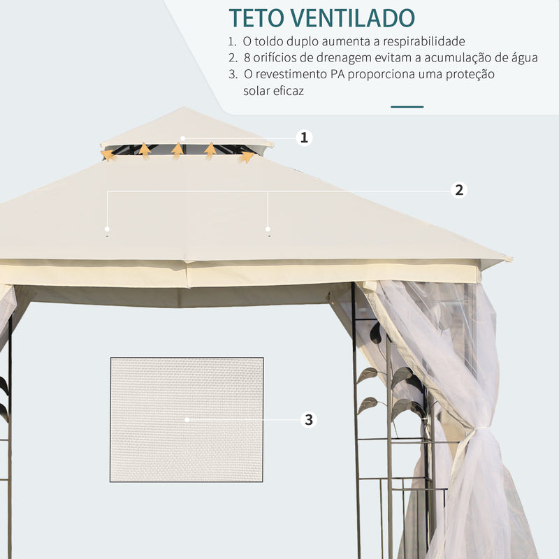 Pérgola de Jardim 300x300x280 cm Pérgola de Exterior com Teto Duplo Mosquiteira e Orifícios de Drenagem Branco