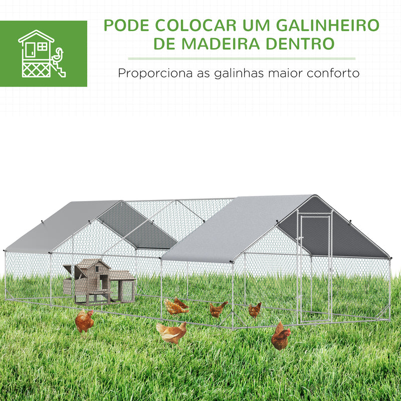 Galinheiro de Exterior Grande 3x8x2m Gaiola para 16-24 Galinhas de Aço Galvanizado com Teto de PE e Fechadura para Coelhos Prata