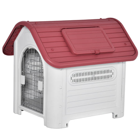 Casota para Cães com Porta Removível Base Elevada 3 Respiradouros e Janela para Interior e Exterior 72x87x75cm Cinza e Vermelho