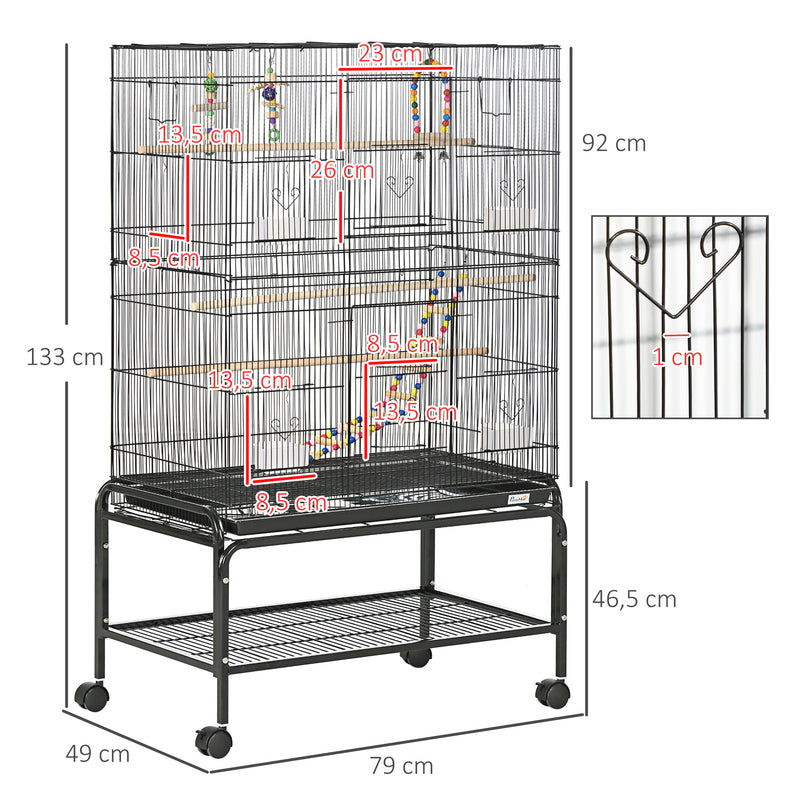 Gaiola para Pássaros com Rodas 79x49x133 cm Gaiola Metálica Grande com Suporte 4 Comedouros 3 Poleiros Brinquedos Bandeja Amovível e Prateleira para Canários Periquitos Preto