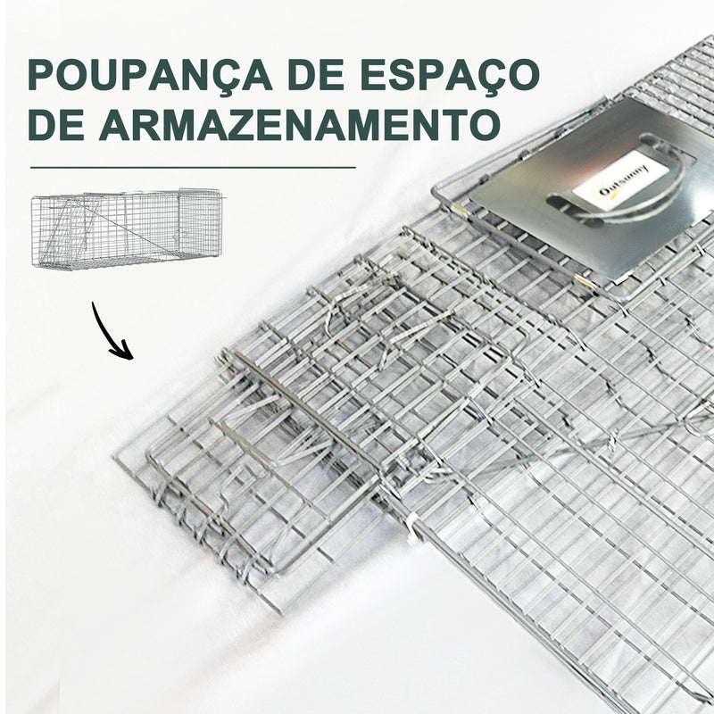 Armadilha para Animais Vivos Dobrável 93x31x34,5 cm Gaiola de Captura com Porta e Alça para Coelhos Roedores Prata