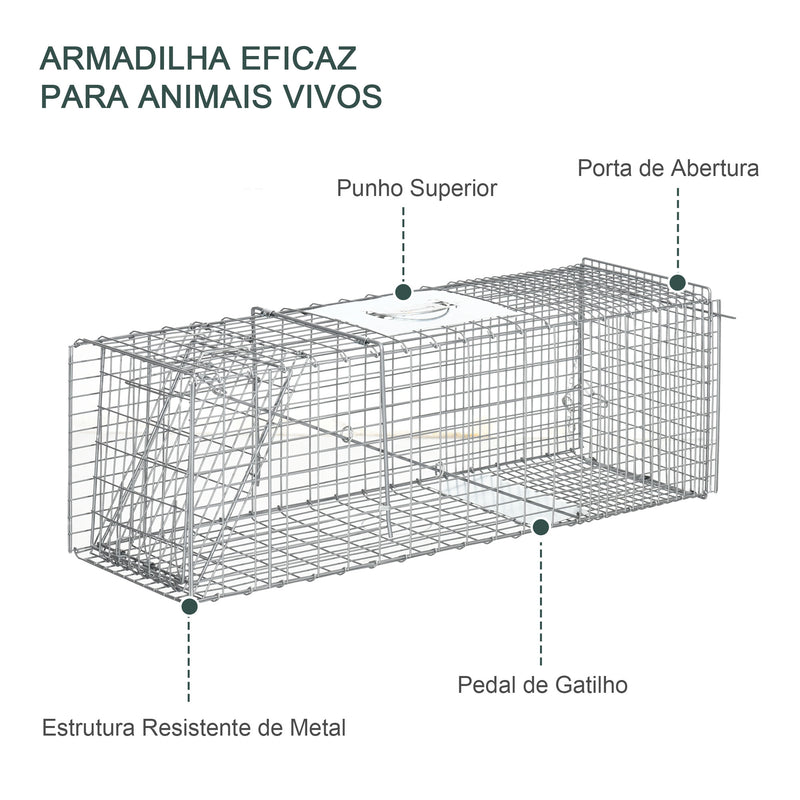 Armadilha para Animais Vivos Dobrável 93x31x34,5 cm Gaiola de Captura com Porta e Alça para Coelhos Roedores Prata