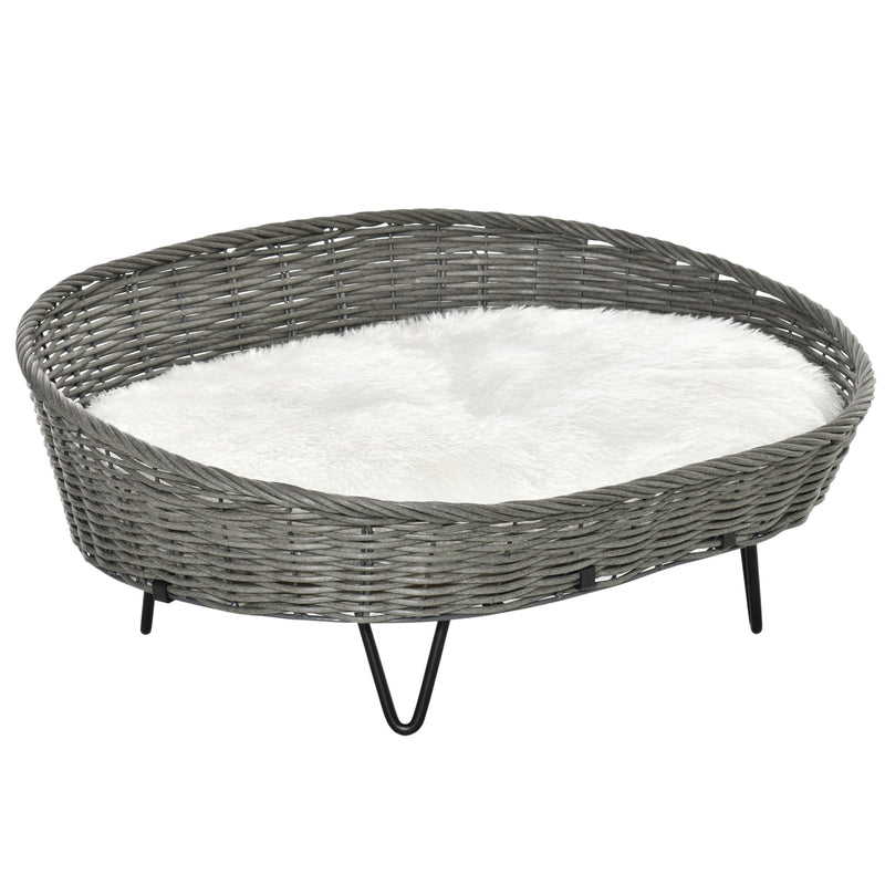 Cama para Cães e Gatos de Vime Cama de Vime para Animais de Estimação Médios e Pequenos com Almofada Lavável e Pés Elevados 76x59x32cm Cinza