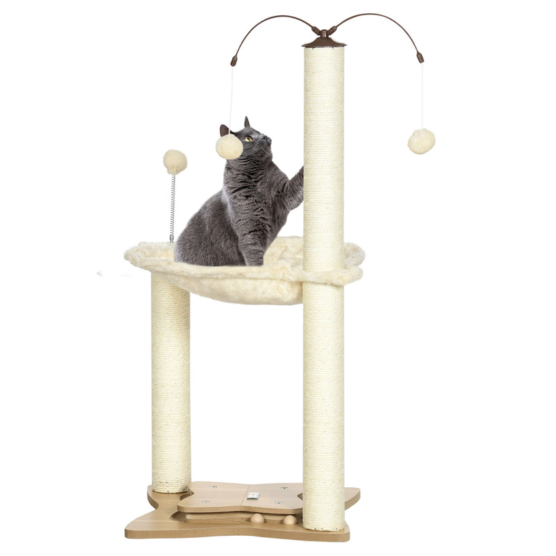 Árvore Arranhador para Gatos com Rede Postes de Sisal Altura 90cm Torre para Gatos com Bolas Suspensas Giratórias e Múltiplos Jogos 53,5x53,5x90cm Bege