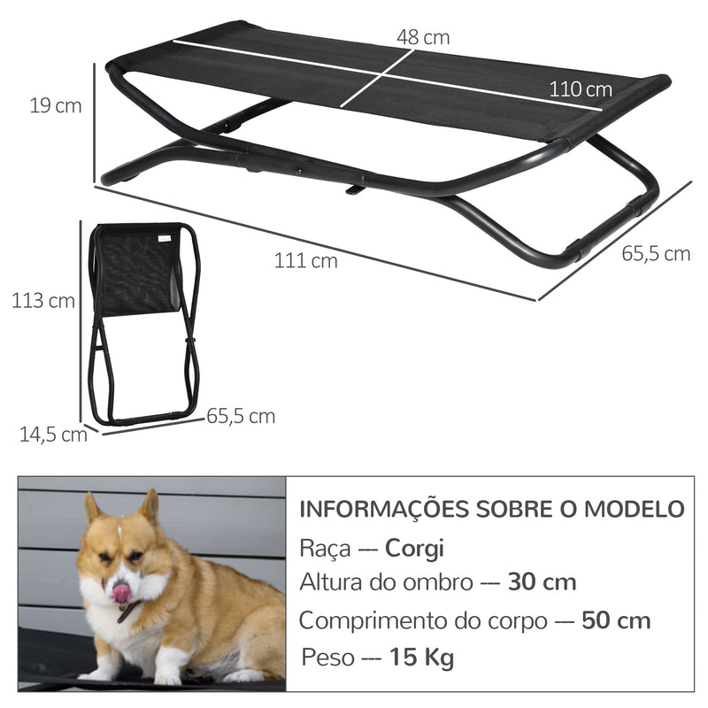 Cama Elevada para Cães Dobrável Cama para Animais de Estimação Pequenos e Médios com Tecido de Malha Respirável Estrutura de Aço para Interior e Exterior 111x65,5x19cm Preto