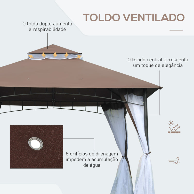 Pérgola de Jardim 295x295x270 cm Pérgola com Teto Duplo e Rede Mosquiteira com Zíper para Eventos Festas Casamentos Marrom e Branco