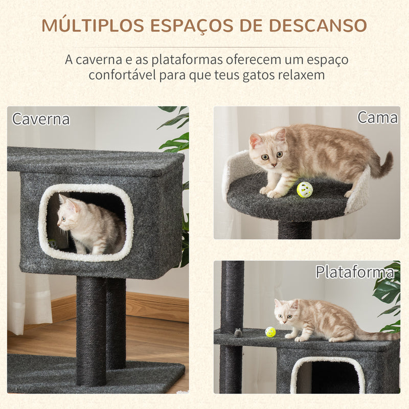 Árvore para Gatos Torre de Escalada para Gato com Caverna Várias Plataformas e Postes Arranhadores de Sisal Natural Centro de Atividades 70x41x112cm Cinza Escuro