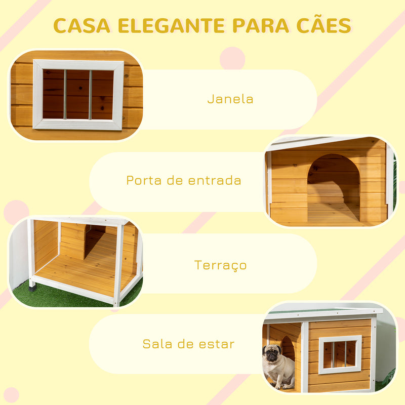 Casa para Cães de Madeira 85,5x62x60cm Casa para Animais de Estimação Casa para Cães com Teto Asfáltico Impermeável e Janela para Interior e Exterior Madeira