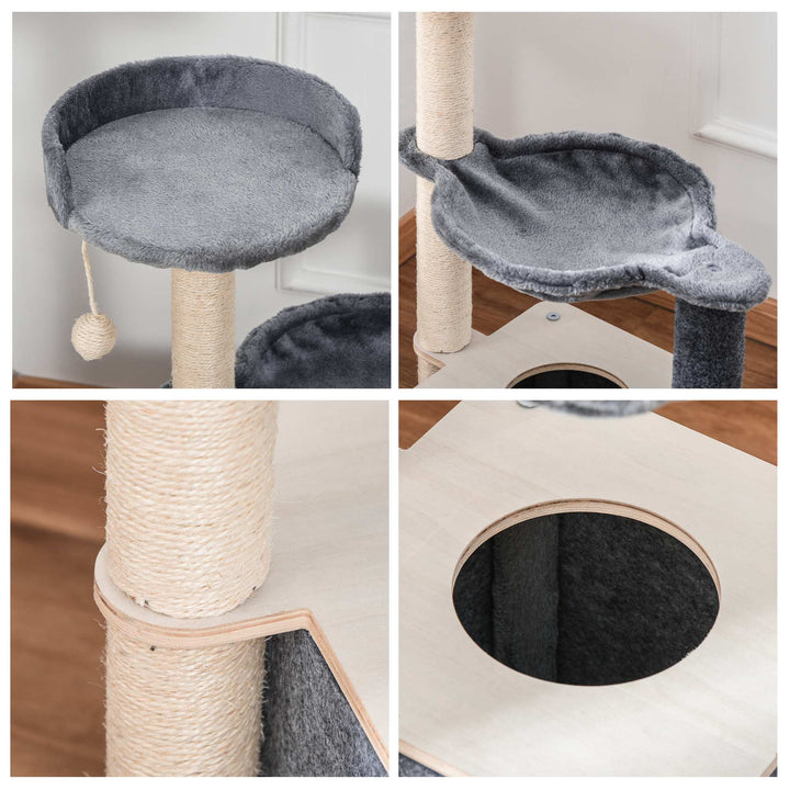 Árvore Arranhador para Gatos Árvore para Escalar Brincar e Descansar com Rede Plataformas Caverna Bola Suspensa e Poste de Sisal para Aranhar 48x34x95cm Cinza