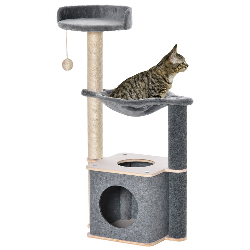 Árvore Arranhador para Gatos Árvore para Escalar Brincar e Descansar com Rede Plataformas Caverna Bola Suspensa e Poste de Sisal para Aranhar 48x34x95cm Cinza