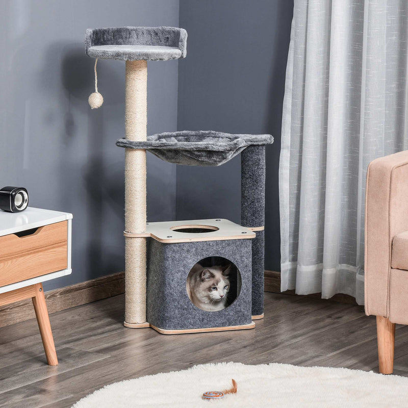 Árvore Arranhador para Gatos Árvore para Escalar Brincar e Descansar com Rede Plataformas Caverna Bola Suspensa e Poste de Sisal para Aranhar 48x34x95cm Cinza