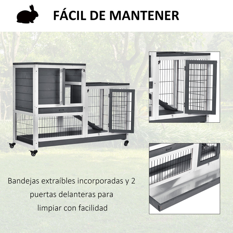 Coelheira de Madeira Interior com Rodas Gaiola para Coelhos Animais Pequenos de 2 Pisos com Zona Aberta Rampa e 2 Bandejas Removíveis 110x50x86cm Cinza