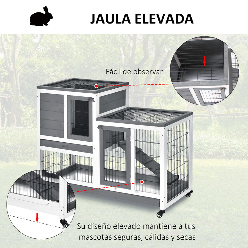 Coelheira de Madeira Interior com Rodas Gaiola para Coelhos Animais Pequenos de 2 Pisos com Zona Aberta Rampa e 2 Bandejas Removíveis 110x50x86cm Cinza